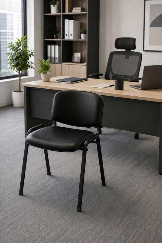 Silla apilable fija en ecocuero negro, ideal para oficinas modernas y espacios de trabajo funcionale.