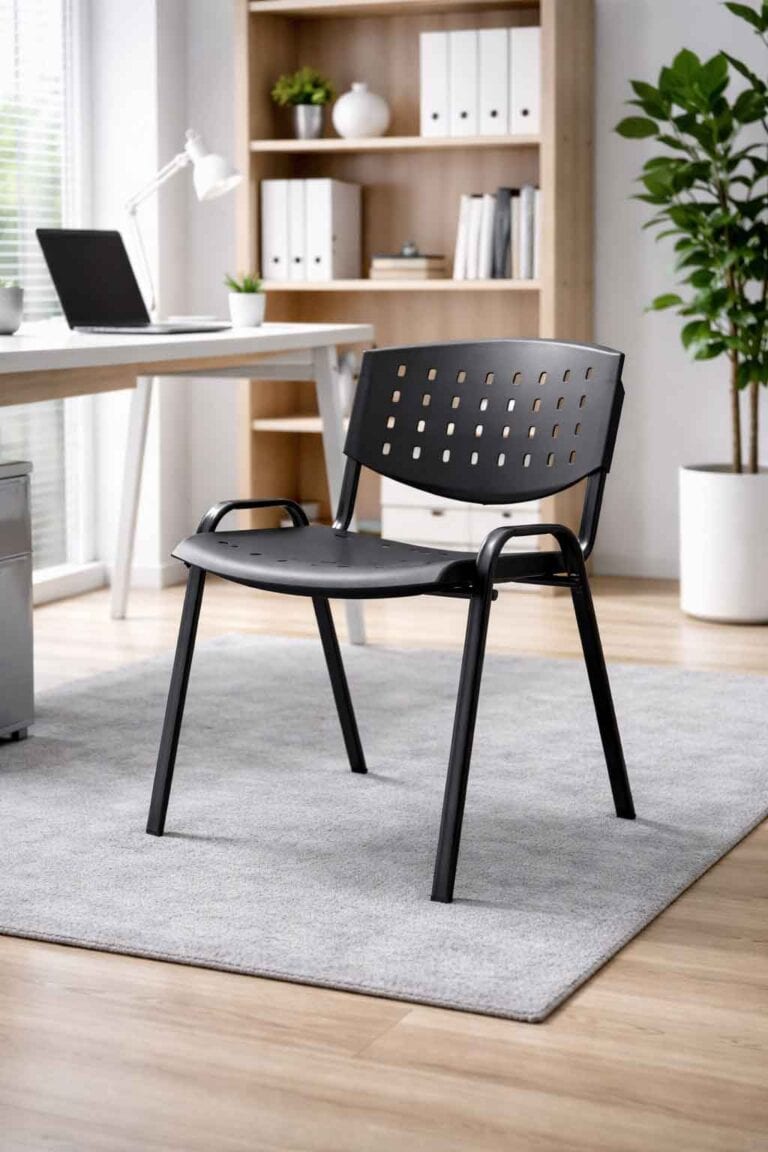 Silla apilable fija de plástico negro con diseño calado, ideal para espacios modernos y funcionales.