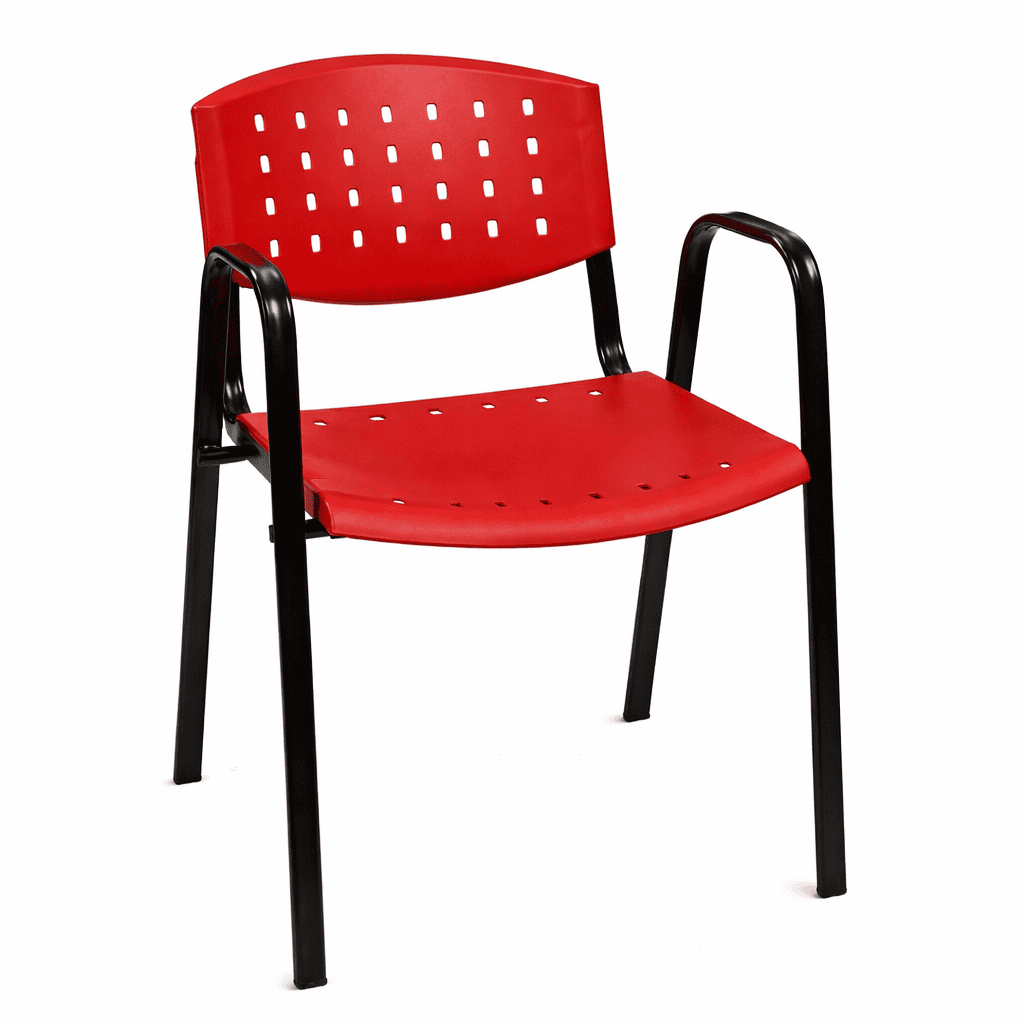 Silla apilable de plástico con brazos altos Silla apilable fija de plástico en colores variados, con brazos altos y diseño resistente. Ideal par.
