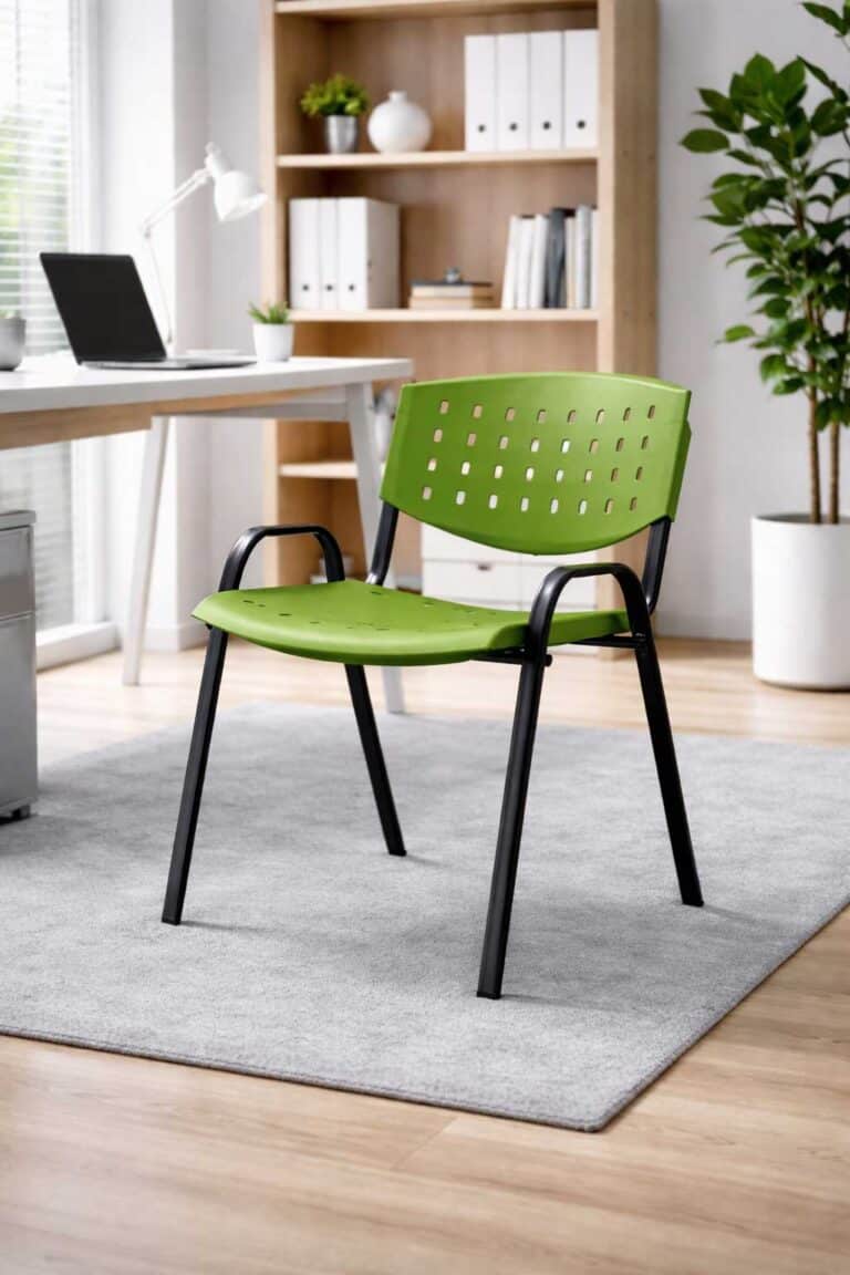 Silla apilable fija de plástico calado en color verde, ideal para espacios modernos y funcionales.